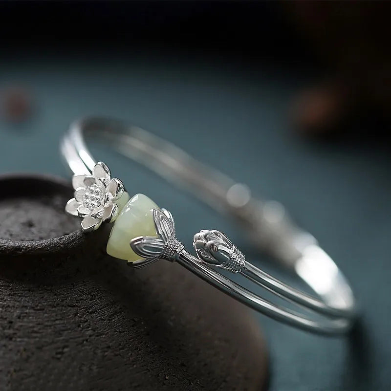 Lotus Jade Silver Bangle