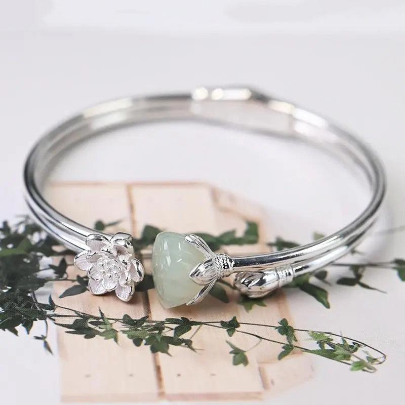 Lotus Jade Silver Bangle