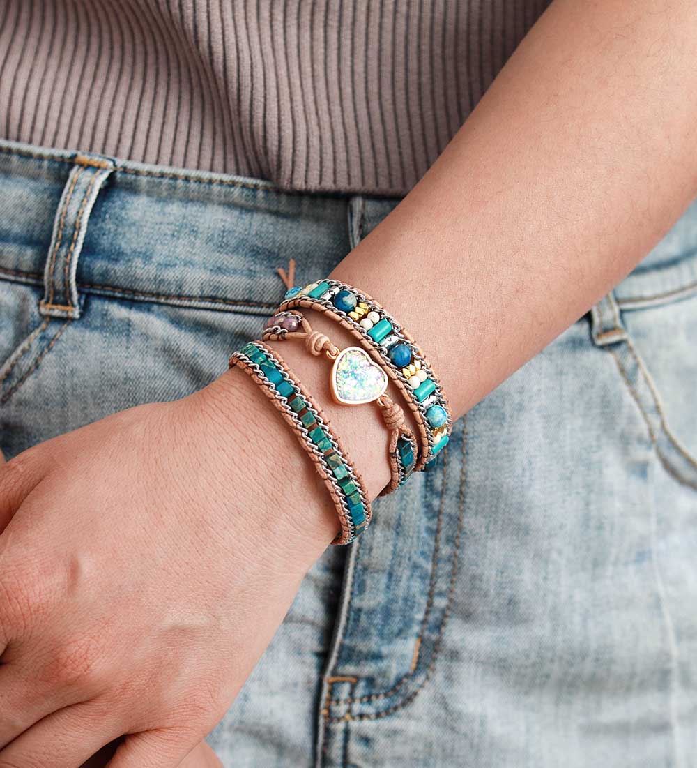 Love Key Blue Opal Heart Wrap Bracelet