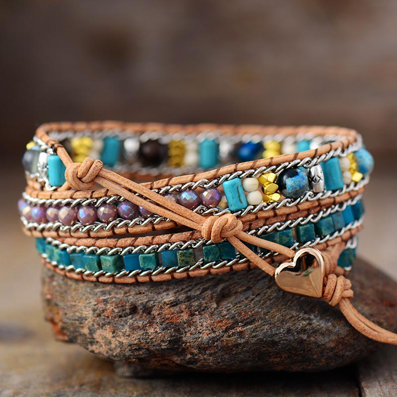 Love Key Blue Opal Heart Wrap Bracelet