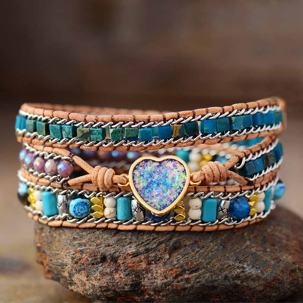 Love Key Blue Opal Heart Wrap Bracelet