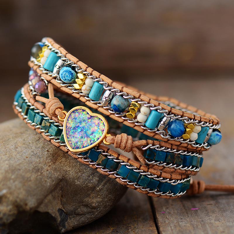 Love Key Blue Opal Heart Wrap Bracelet