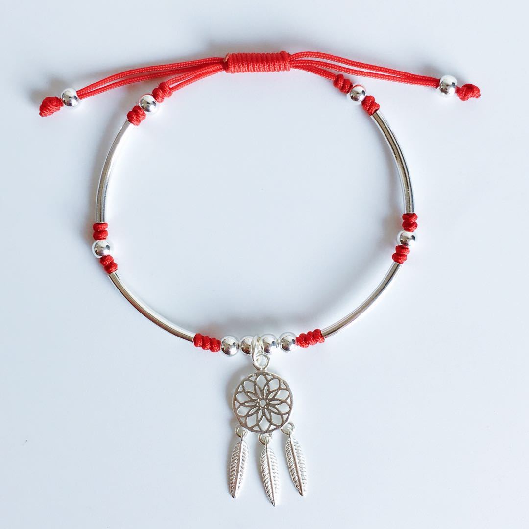 925 Sterling Silver DREAM CATCHER & Red Rope Bracelet