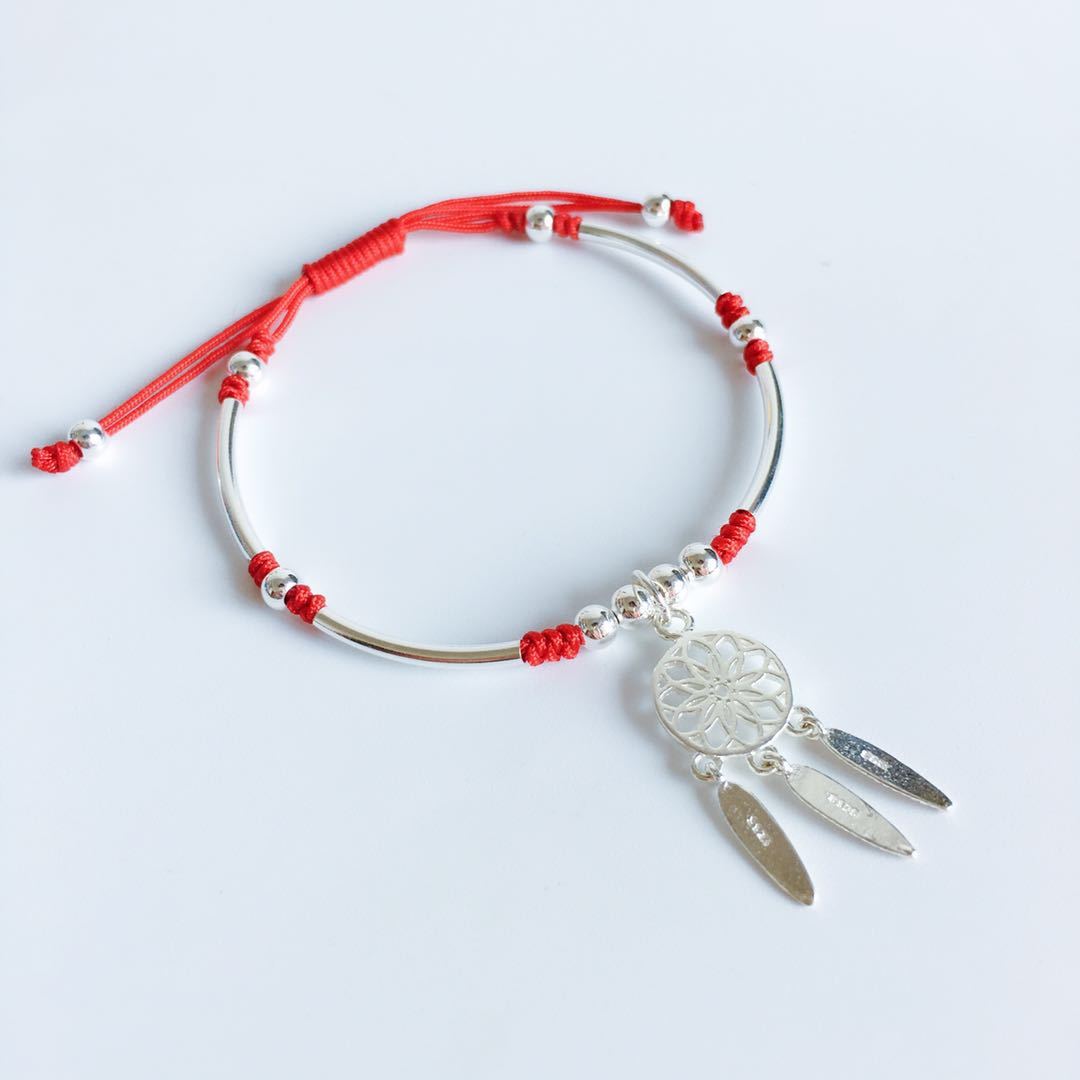 925 Sterling Silver DREAM CATCHER & Red Rope Bracelet