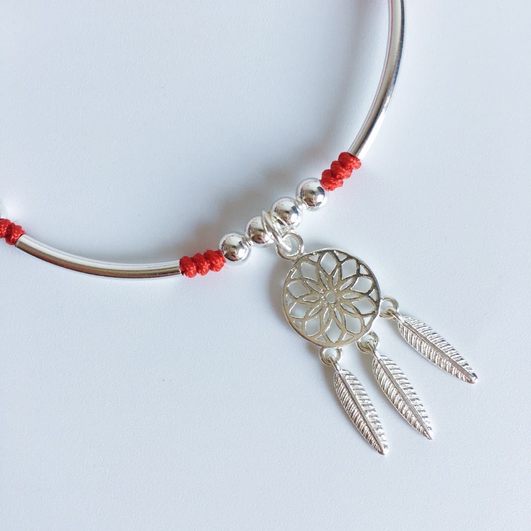 925 Sterling Silver DREAM CATCHER & Red Rope Bracelet