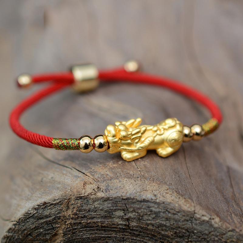 PURE SILVER 24k Gold Plated Pixiu Red Rope WEALTH Bracelet