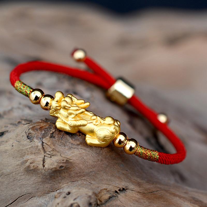 PURE SILVER 24k Gold Plated Pixiu Red Rope WEALTH Bracelet