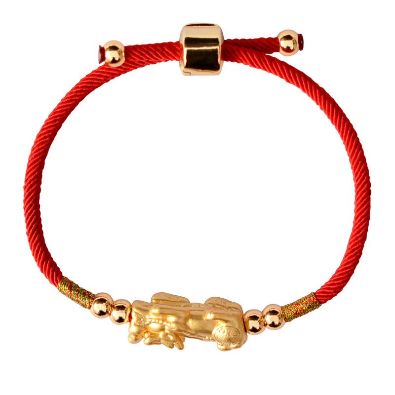 PURE SILVER 24k Gold Plated Pixiu Red Rope WEALTH Bracelet