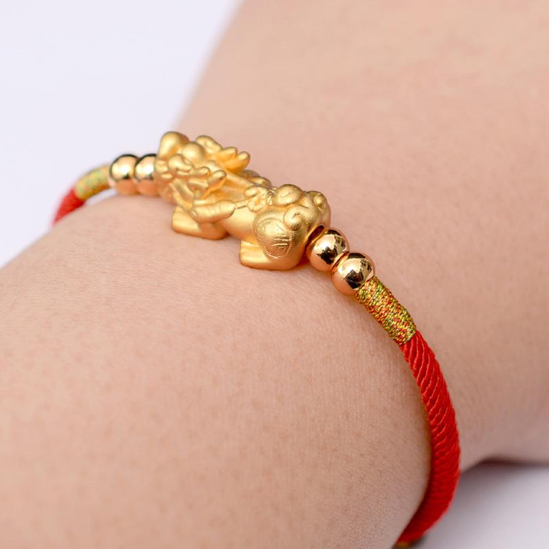 PURE SILVER 24k Gold Plated Pixiu Red Rope WEALTH Bracelet