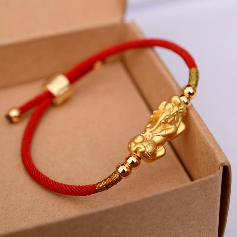 PURE SILVER 24k Gold Plated Pixiu Red Rope WEALTH Bracelet