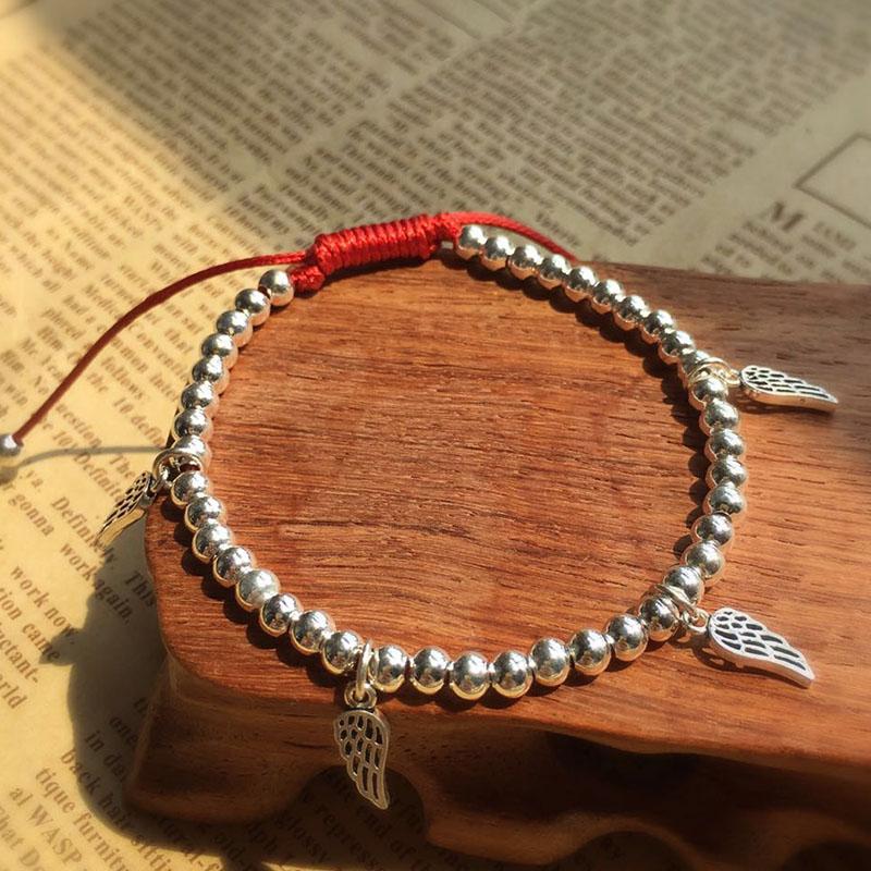 925 Sterling Silver & Red Rope GUARDIAN ANGEL Wings Bracelet