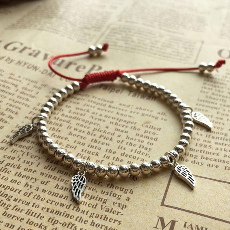 925 Sterling Silver & Red Rope GUARDIAN ANGEL Wings Bracelet