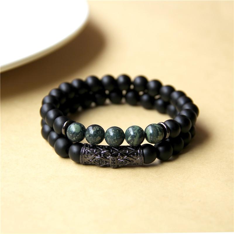 2/pc Natural Black Onyx & Kambaba Jasper' FOR PEACE'  Men's Bracelet  Set