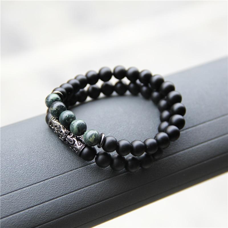 2/pc Natural Black Onyx & Kambaba Jasper' FOR PEACE'  Men's Bracelet  Set