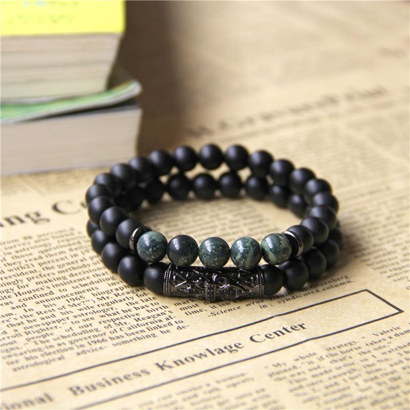 2/pc Natural Black Onyx & Kambaba Jasper' FOR PEACE'  Men's Bracelet  Set