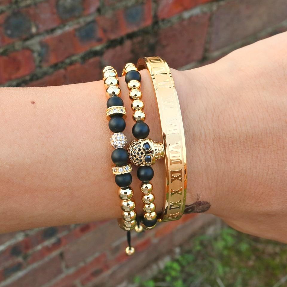 Luxury Titanium Skull , Onyx & Pave 3 Pc Bracelet Set