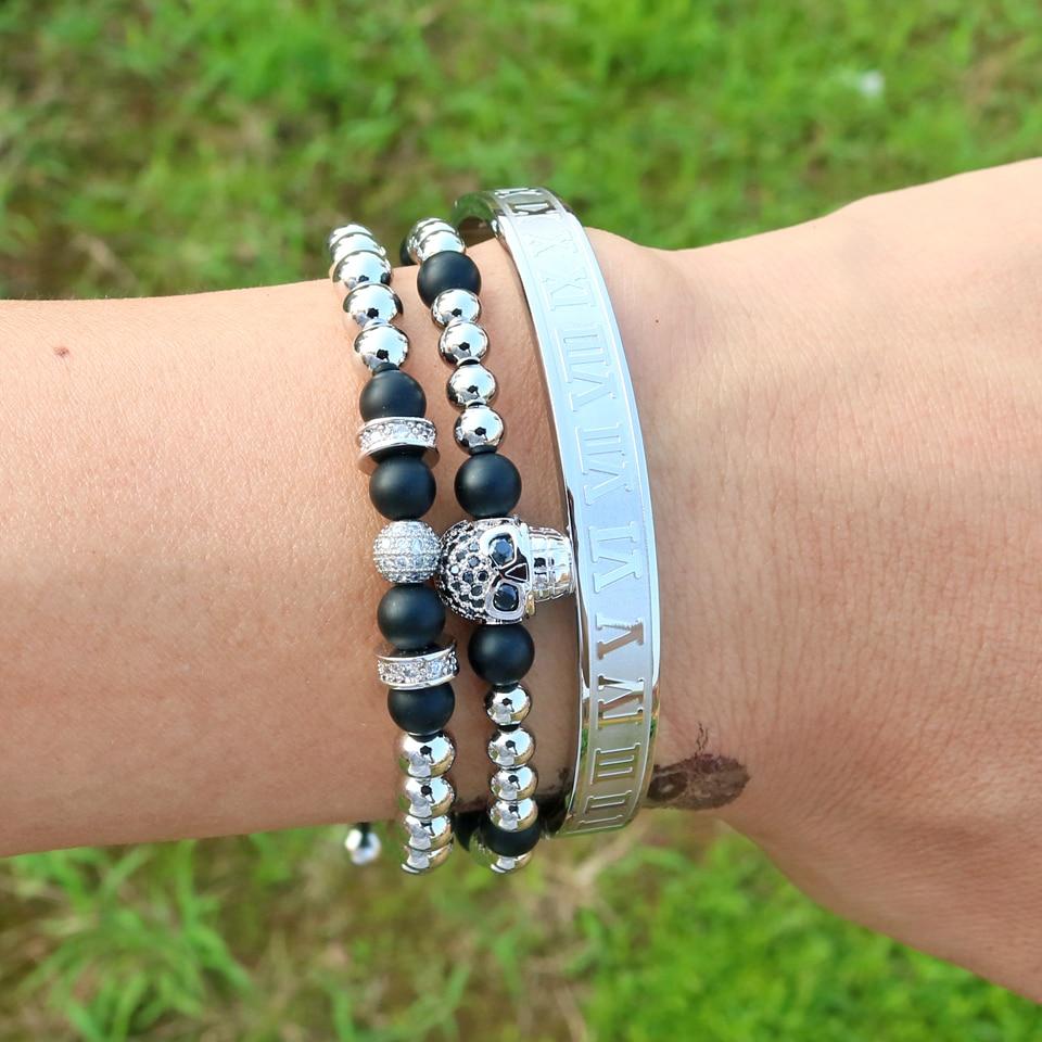 Luxury Titanium Skull , Onyx & Pave 3 Pc Bracelet Set