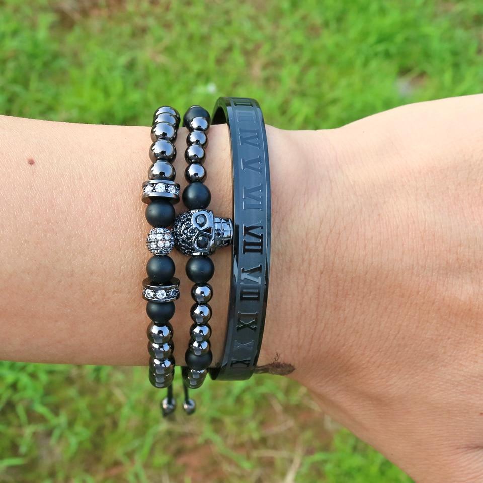 Luxury Titanium Skull , Onyx & Pave 3 Pc Bracelet Set