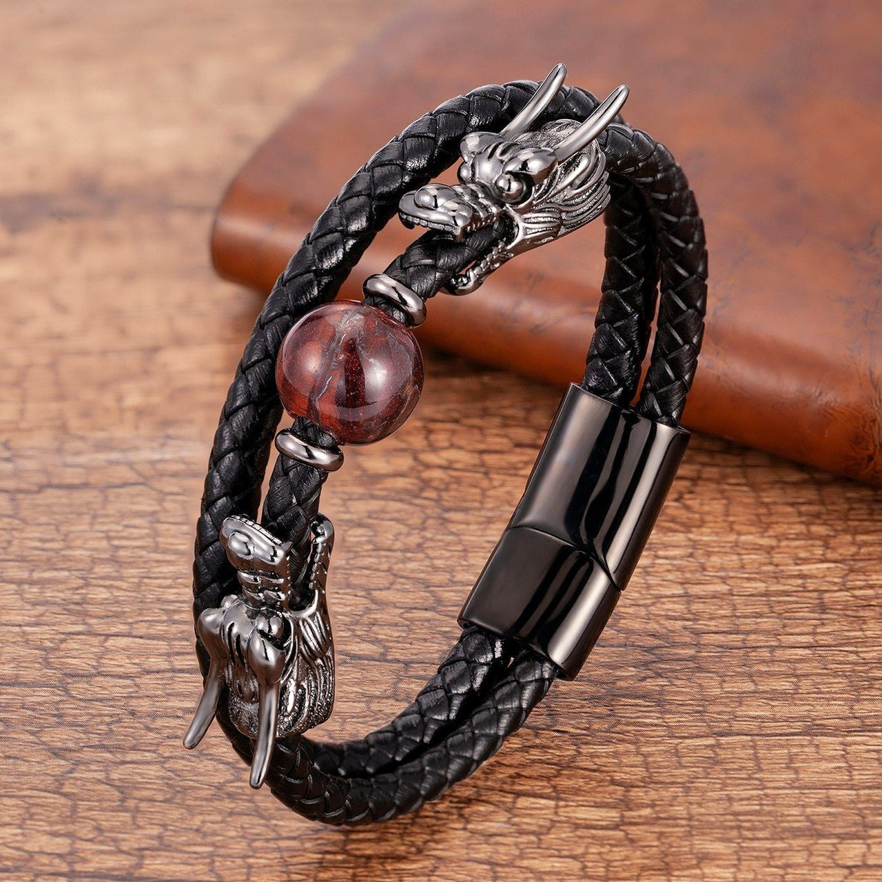 Steel, Leather and Stone STRENGTH Bracelet with Dual Dragon Heads