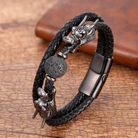 Thumbnail for Steel, Leather and Stone STRENGTH Bracelet with Dual Dragon Heads