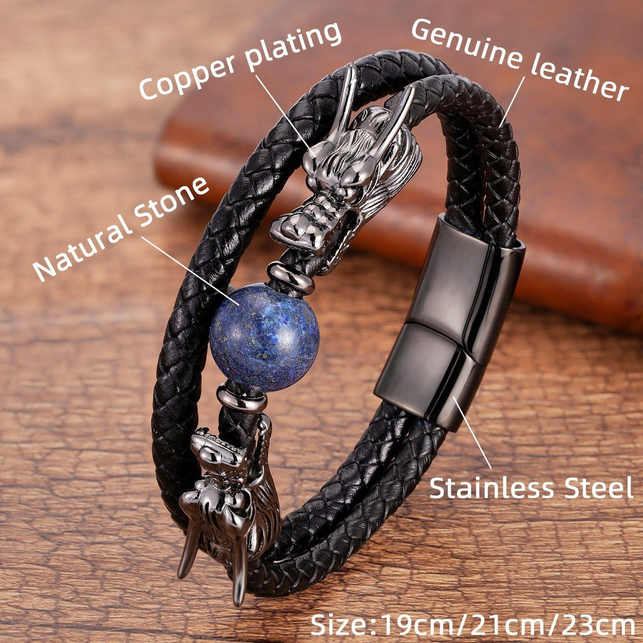 Steel, Leather and Stone STRENGTH Bracelet with Dual Dragon Heads