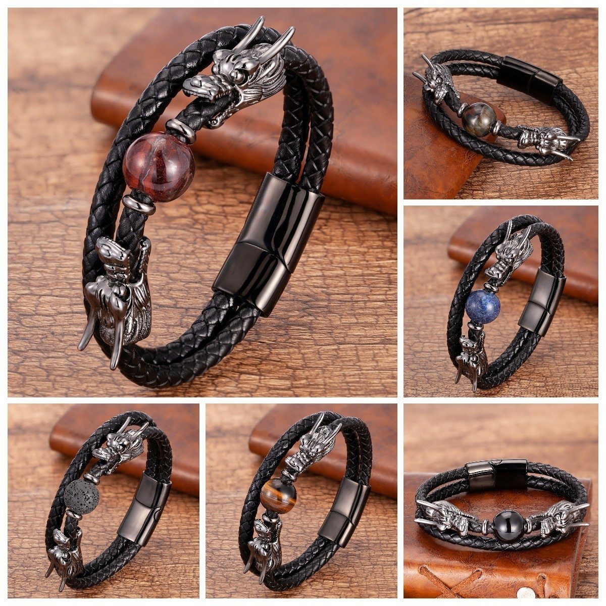 Steel, Leather and Stone STRENGTH Bracelet with Dual Dragon Heads