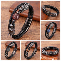 Thumbnail for Steel, Leather and Stone STRENGTH Bracelet with Dual Dragon Heads