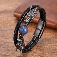 Thumbnail for Steel, Leather and Stone STRENGTH Bracelet with Dual Dragon Heads