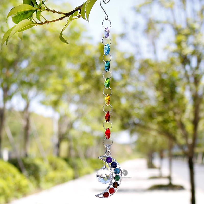 Hanging 7 Chakra Half Moon Crystal Suncatcher