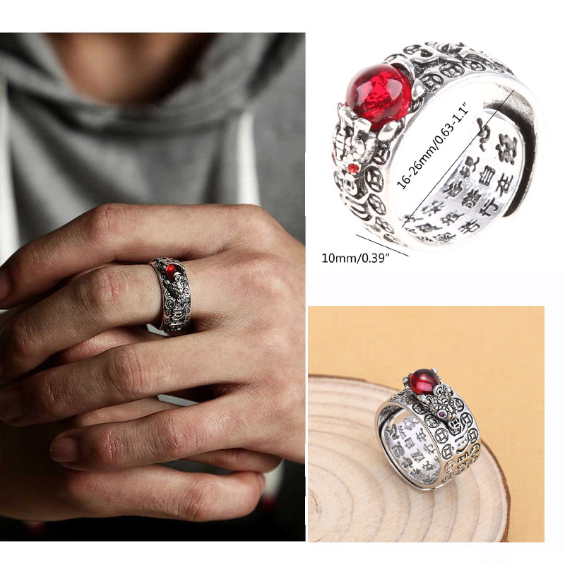 Natural  Garnet & 925 Sterling Silver LUCKY PIXIU OM Mantra Ring