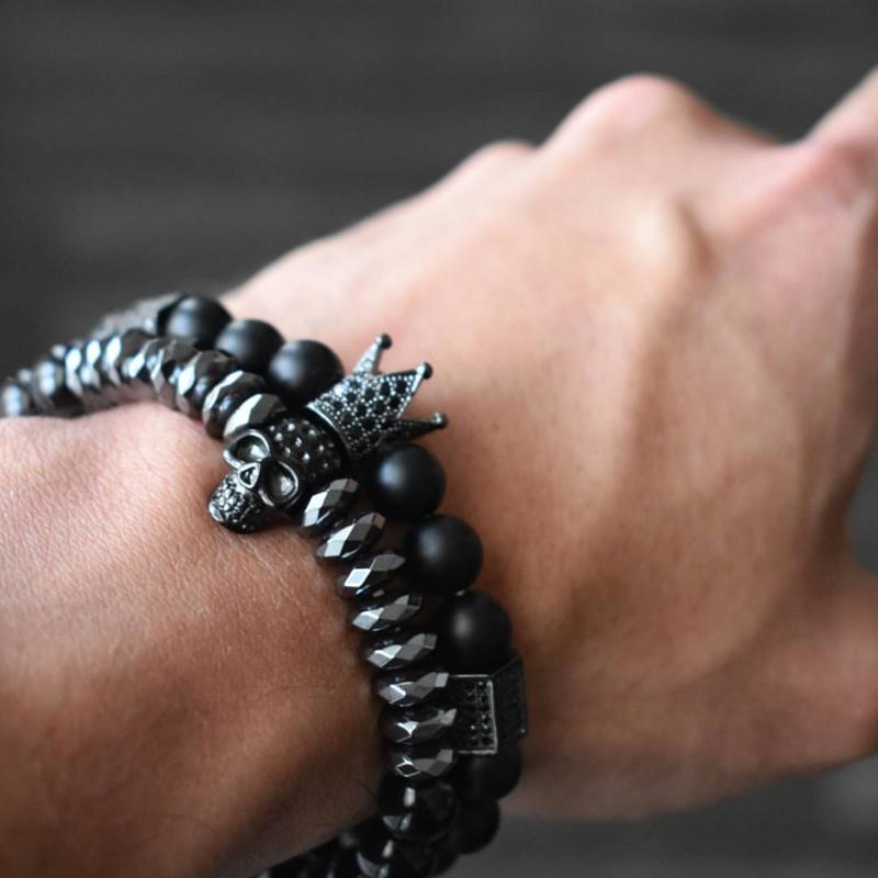 Mens Titanium Steel Crown &  Matte Onyx Bracelet