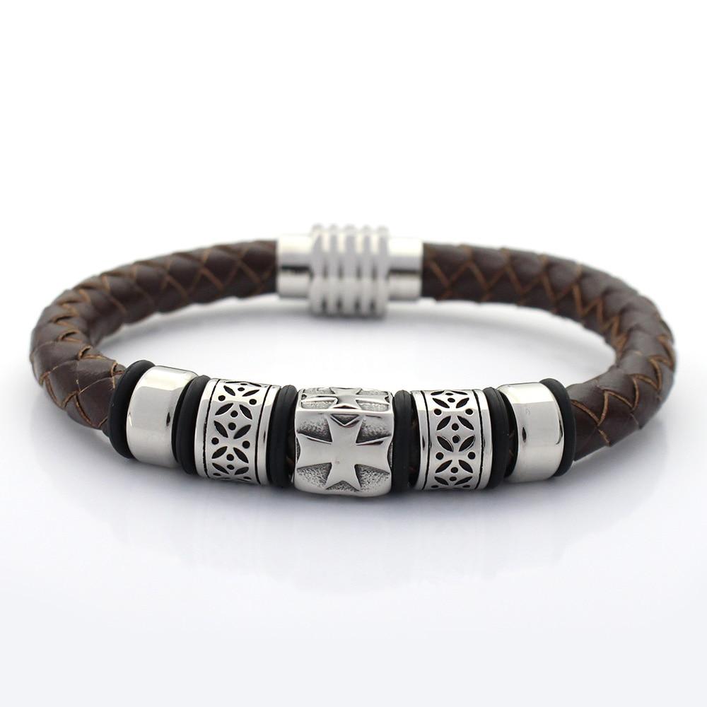 Men's Stainless Steel Genuine Braided Leather Bracelet with Cross Charm