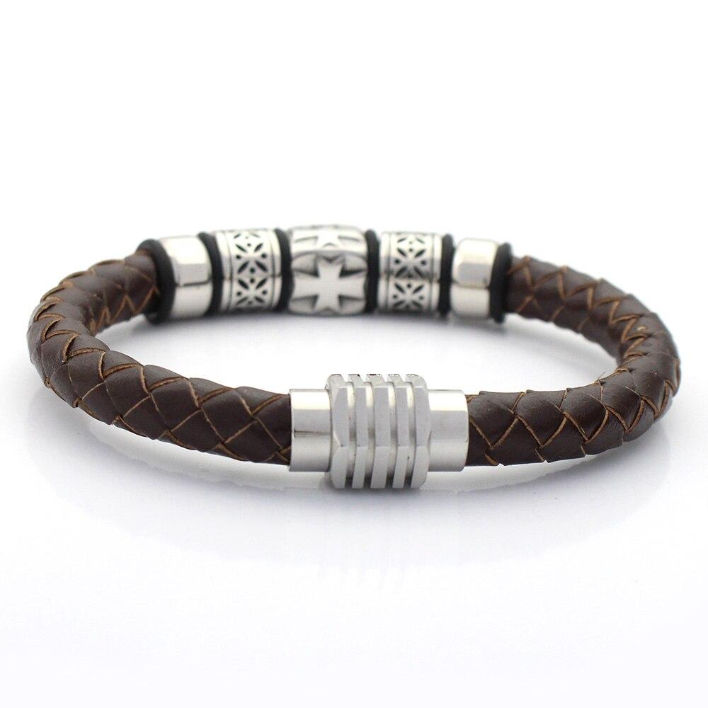 Men's Stainless Steel Genuine Braided Leather Bracelet with Cross Charm