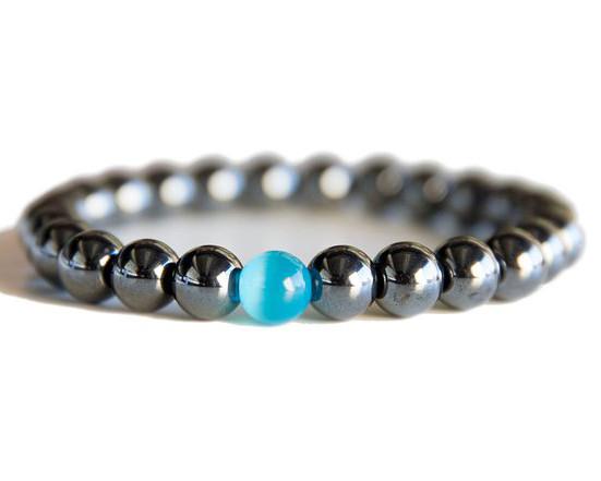 Black Magnetic Hematite Men's HEALTH & Energy Bracelet with Blue Cat's Eye Stone