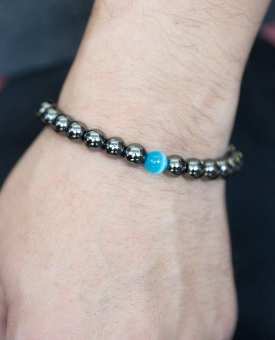 Black Magnetic Hematite Men's HEALTH & Energy Bracelet with Blue Cat's Eye Stone