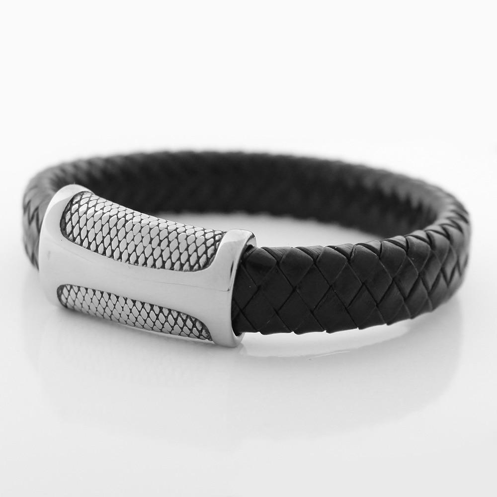 Mens Never Fade Stainless Steel & Braided Leather SNAKE SKIN Accent Bracelet