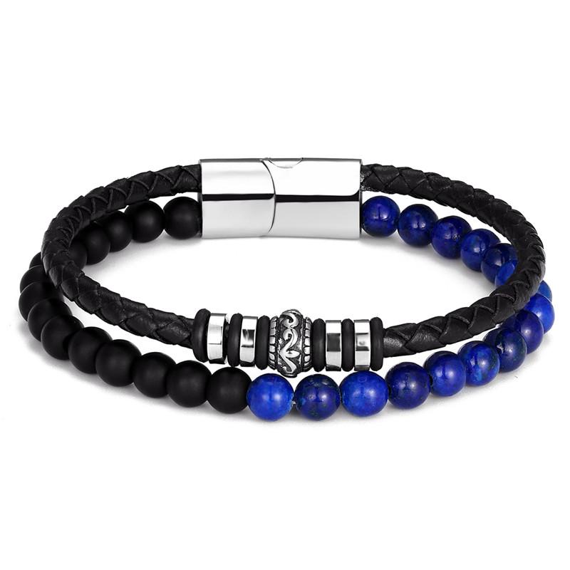 Genuine Leather & Stainless Steel  6mm Lapis Lazuli/Woodstone Bracelets