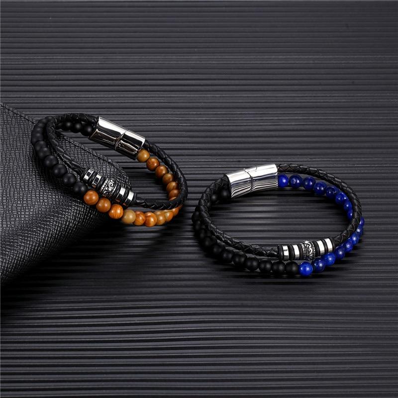 Genuine Leather & Stainless Steel  6mm Lapis Lazuli/Woodstone Bracelets