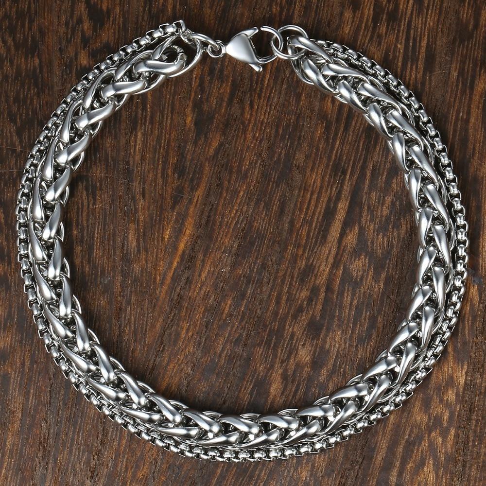 Men's  Double Wheat & Box Chain Steel Bracelet