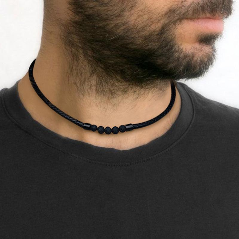 Men's  Braided Leather & LAVA Stone DIFFUSER Choker Necklace