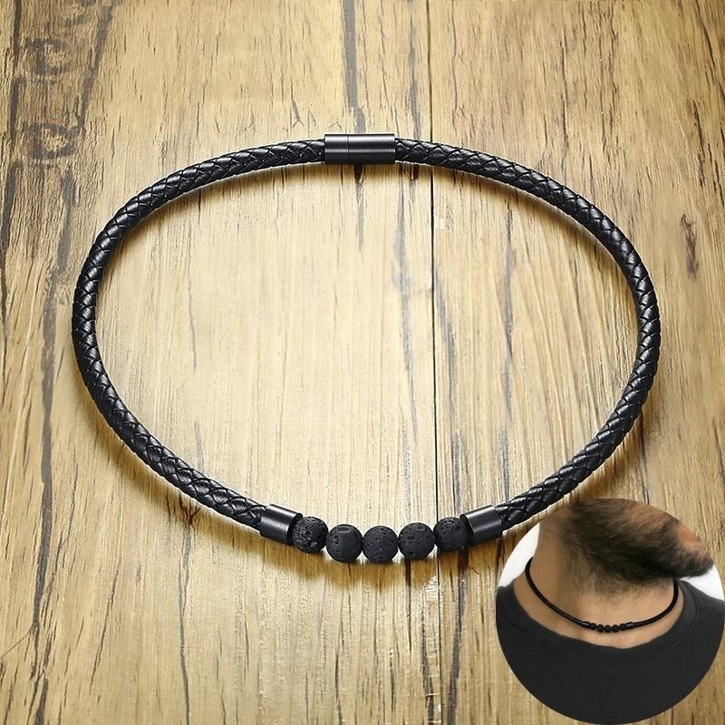 Men's  Braided Leather & LAVA Stone DIFFUSER Choker Necklace