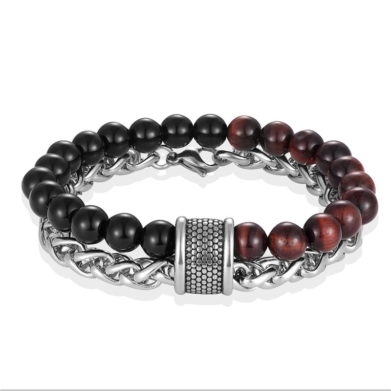 STIMULATING RED TIGER EYE Stone & Stainless Steel '2 in 1' Layered Men's Bracelet