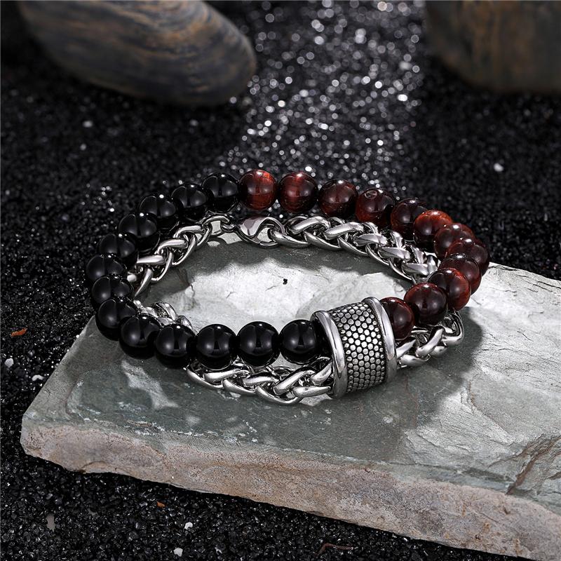 STIMULATING RED TIGER EYE Stone & Stainless Steel '2 in 1' Layered Men's Bracelet