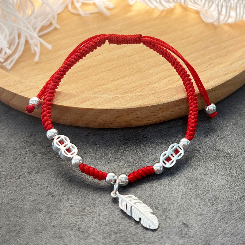 Red Rope & Silver Ancient Coins & 'Strength Feather' Bracelet