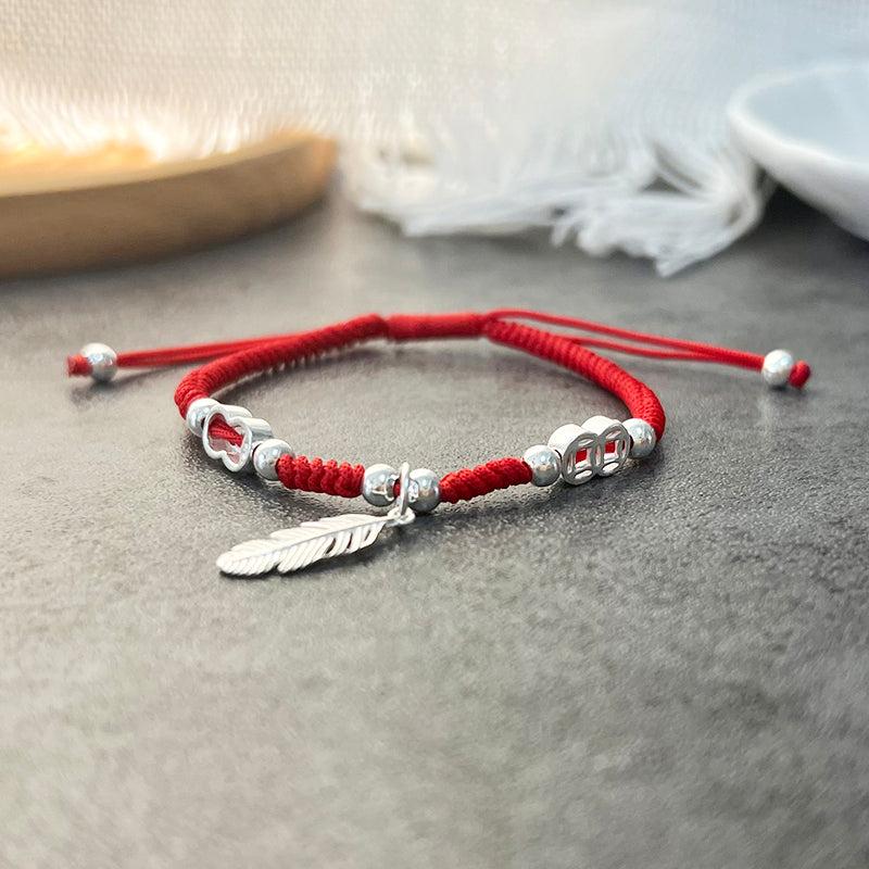 Red Rope & Silver Ancient Coins & 'Strength Feather' Bracelet