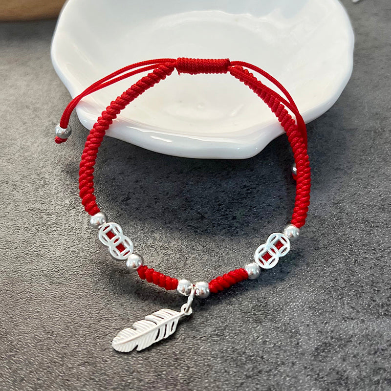 Red Rope & Silver Ancient Coins & 'Strength Feather' Bracelet