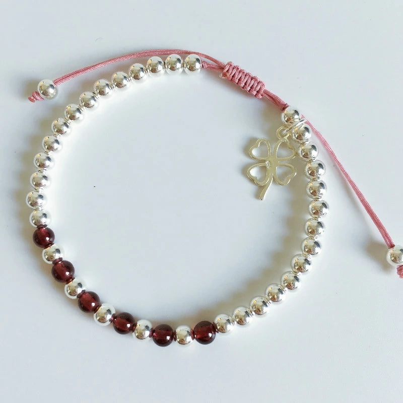 Lucky Clover Red Rope & Silver Bracelet with Red Agate