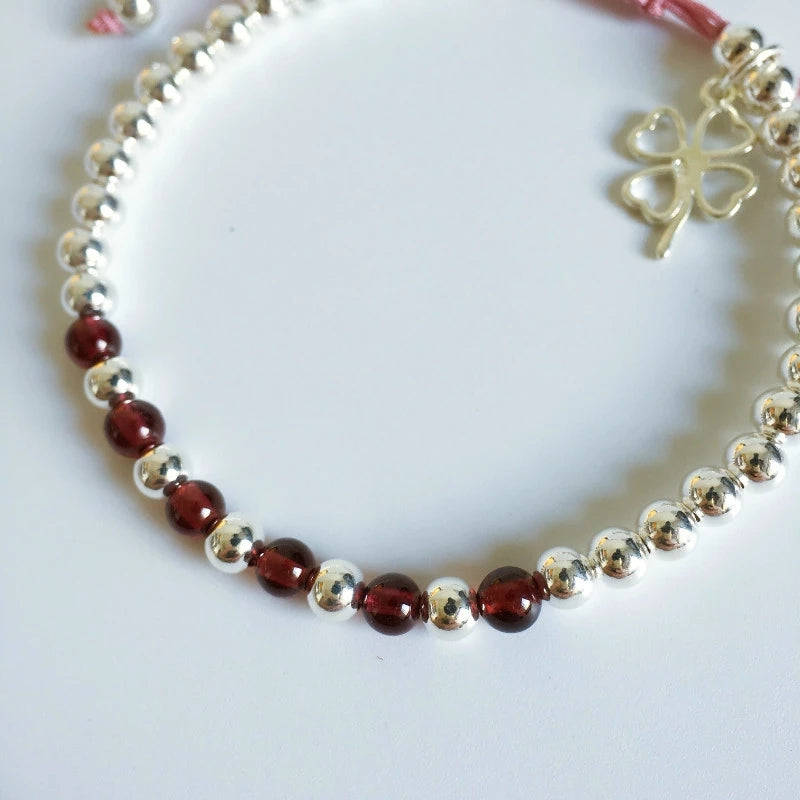 Lucky Clover Red Rope & Silver Bracelet with Red Agate