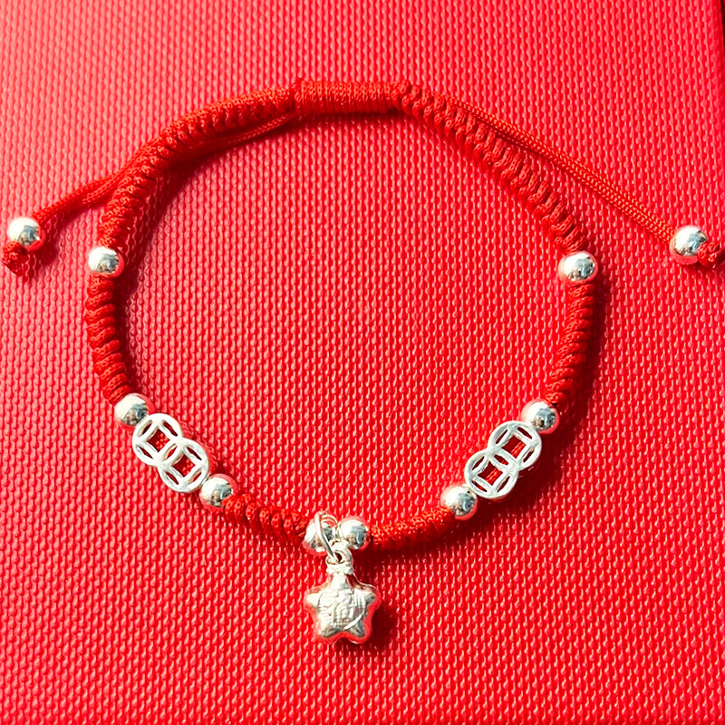 Red Rope & Silver Ancient Coin & Lucky Star Bracelet