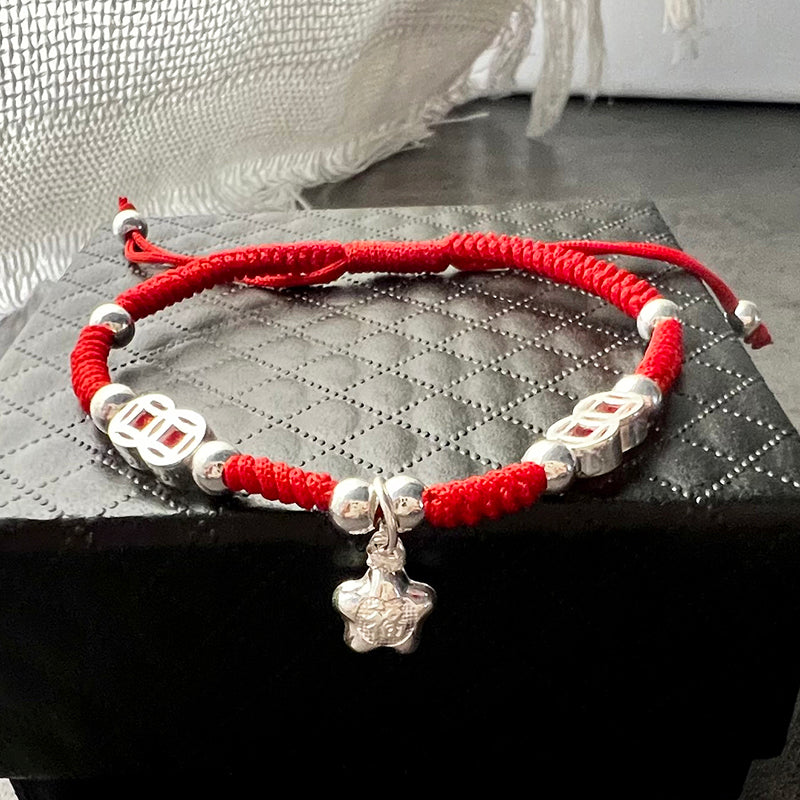 Red Rope & Silver Ancient Coin & Lucky Star Bracelet